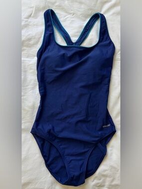 NWT Speedo Navy Blue One-Piece Swimsuit with Teal Trim Size 8